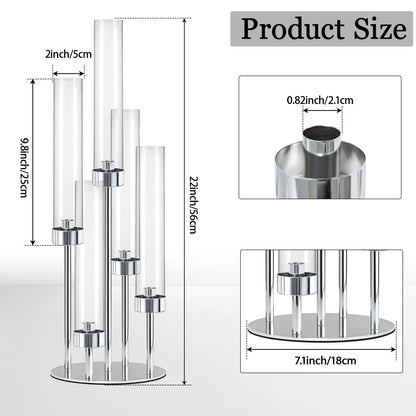 KEHAIL 2 Pcs 5-Arm Silver Metal Table Candelabra Centerpiece, 22" Tall Clear Candlesticks Holder with Shade for Valentines Day Events Party Table Centerpiece,Fit LED Candles