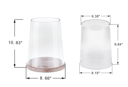 8" Wide Glass Hurricane Candle Holders with Handmade Sturdy Glass Sleeves and Distressed Brown Wood Base for Pillar Candle & Plants, Industrial, Farmhouse, Display Cloche Bell Jars, Table Centerpiece