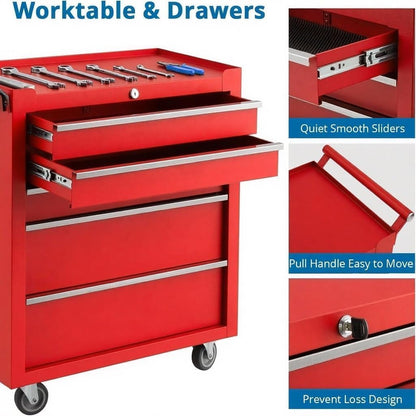 ExploreHorizon 5-Drawer Tool Chest Cabinet with Wheels, Rolling Metal Tool Cart with Sliding Drawers and Protective Liner,Keyed Locking System for Garage,Workshop,Repair Shop,Red