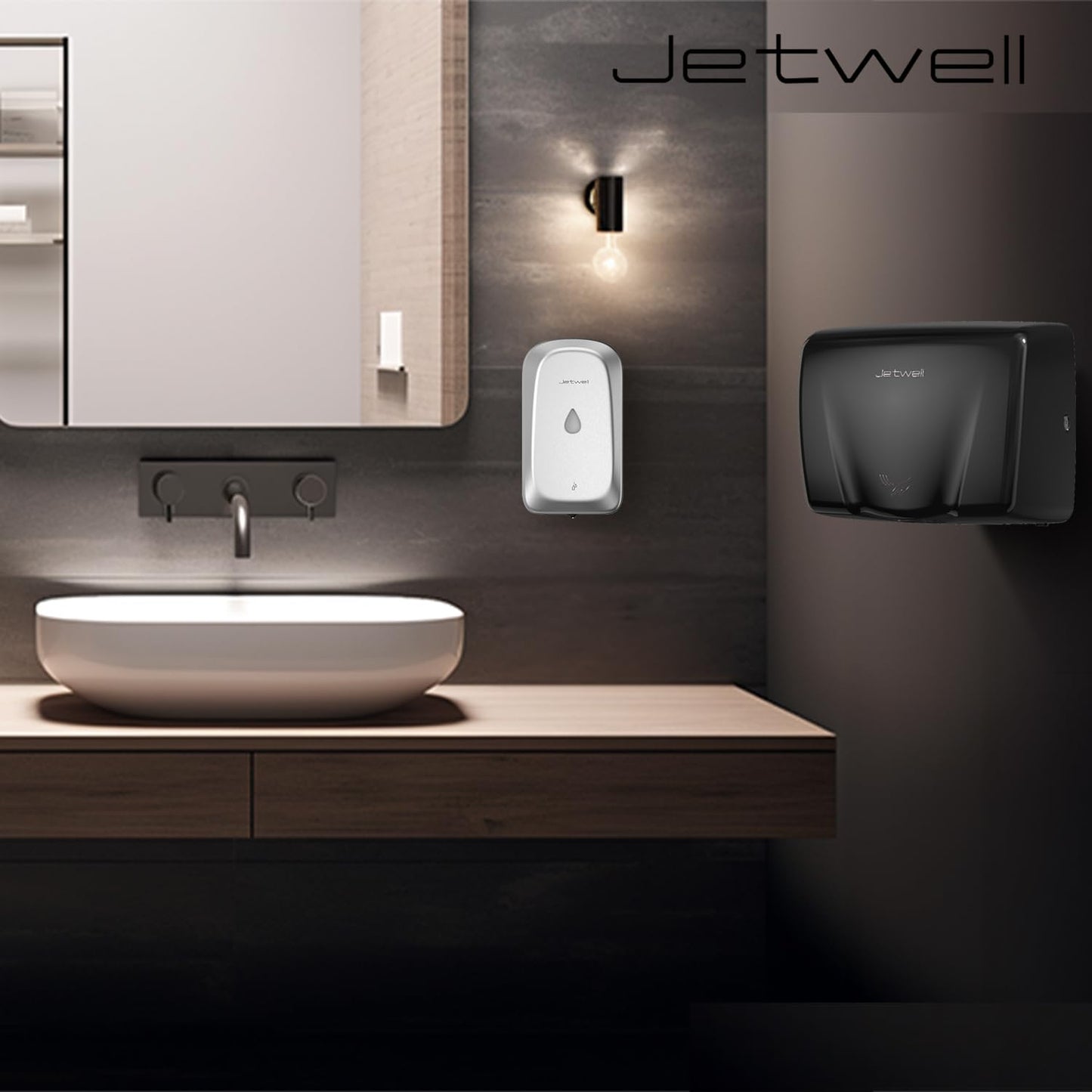 JETWELL Compact Commercial Black Stainless Steel Hand Dryer for Bathroom and Wall Mount Automatic Touch-Less Stainless Steel Hand Soap Dispenser- Automatic Hand Dryer and Wall Mount Soap Dispenser