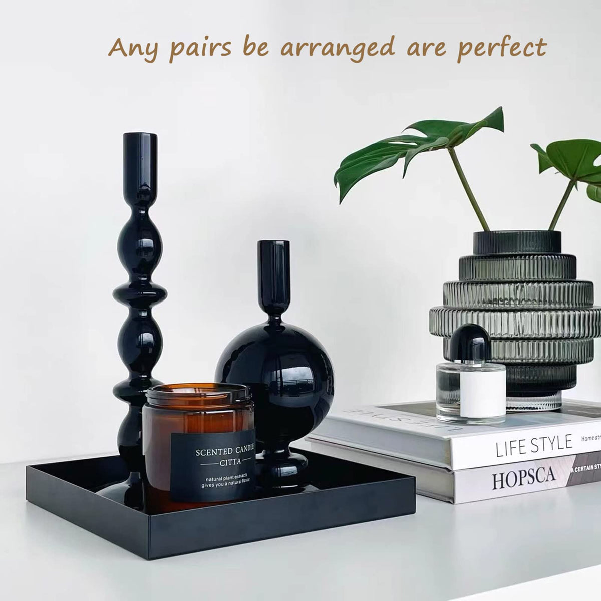 Amanman Candle Stick Candle Holder, Glass Candle Holders for Table Centerpiece, Modern Style Black Candle Holder Mixed 4pcs