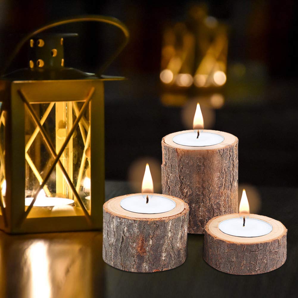 3PCS Wooden Tealight Candle Holder, Birch Logs Candle Holder Stand Wood Votive Tealight Holder Candlestick Centerpiece for Rustic Wedding Party Birthday Holiday Decor