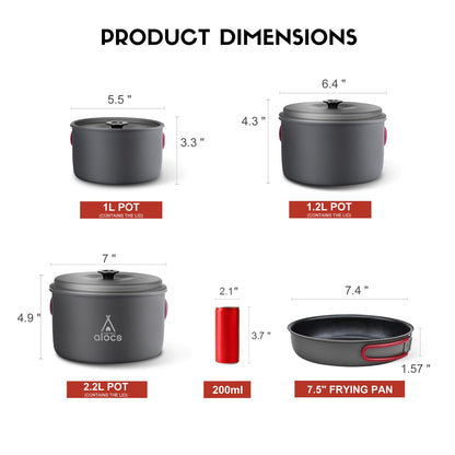 Alocs Camping Cookware, Aluminum Camping Cooking Set Camp Kitchen, Portable Camping Pots and Pans Set Essentials Mess Kit for Backpacking, Outdoor Cooking and Picnic