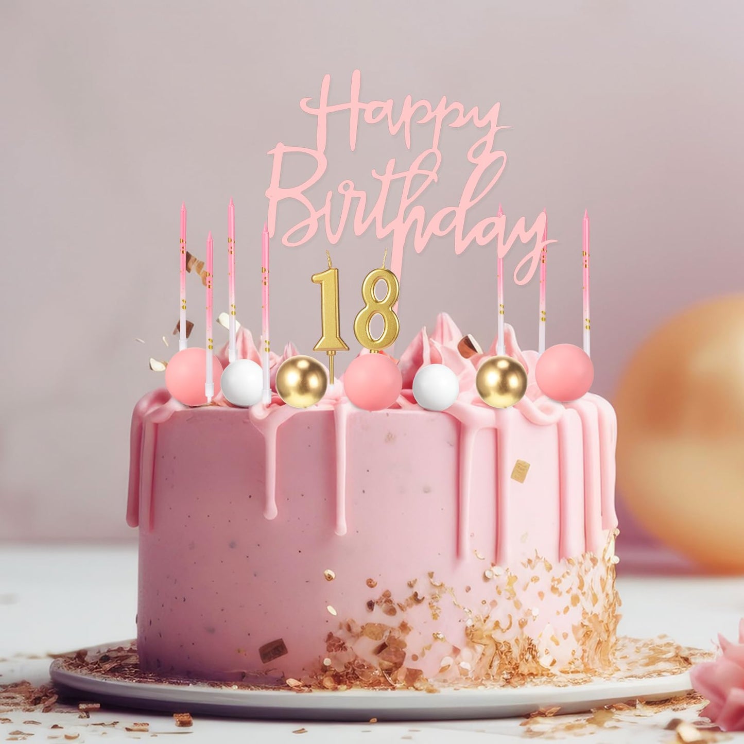 Yerliker 34 Pcs Happy Birthday Cake Toppers Decorations Birthday Candles DIY Cake Decor for Men Women Wedding Anniversary(Pink)