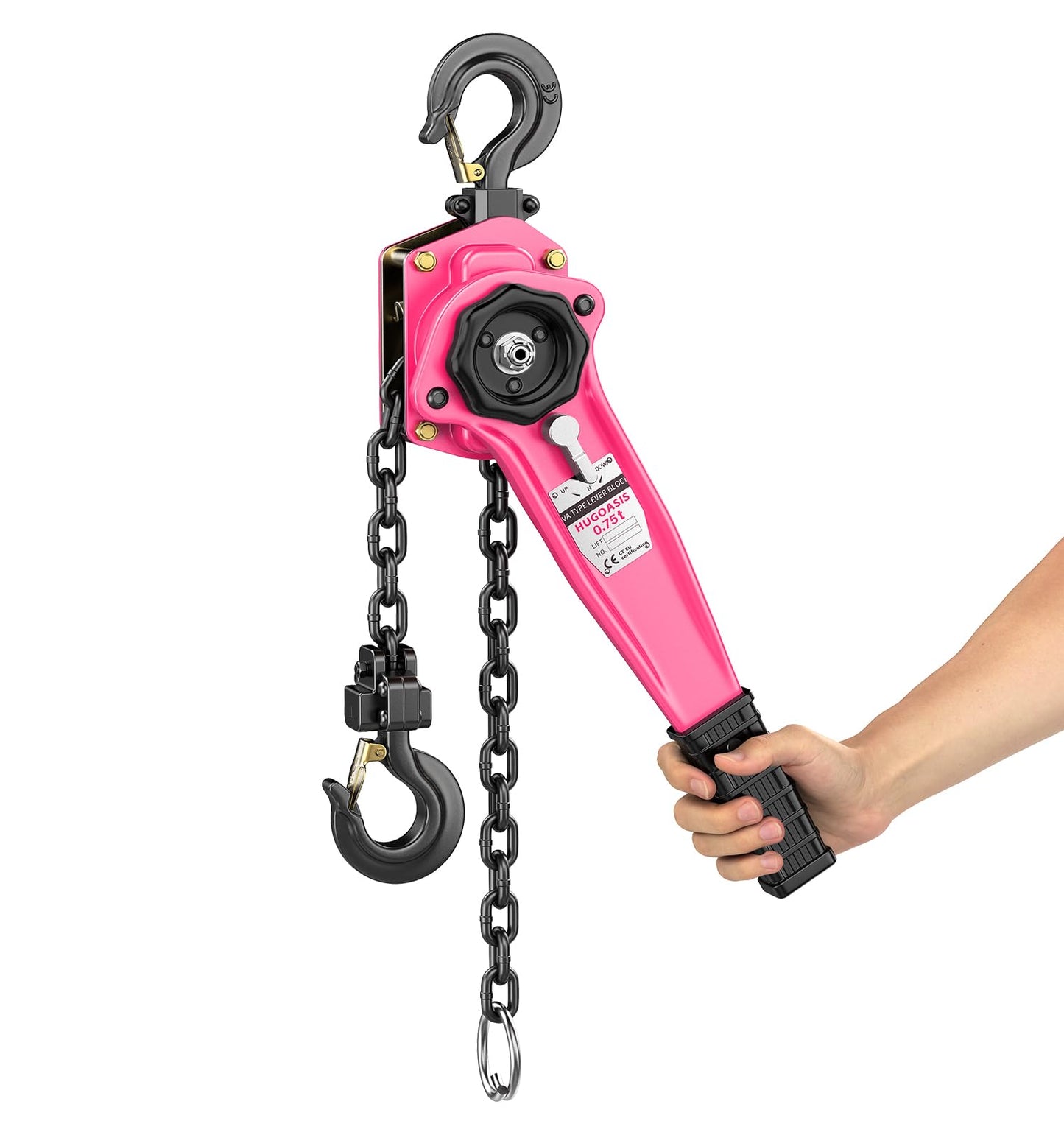 HUGOASIS Lever Chain Hoist 3/4 Ton 1650 Lbs Capacity 10FT Lift 2 Heavy Duty Hooks,Manganese Steel G80 Manganese Steel with Double-Pawl Brake Chain Come Along for Warehouse,Automotive,Garages,Pink