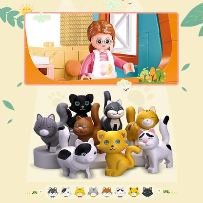 Cat House Building Set Animal Playground Crossing Toy with 8 Cats and a Doll Minifigures Compatible with Lego Friends Pet Sets Easter Gift Idea for Girls Kids Aged 6-12