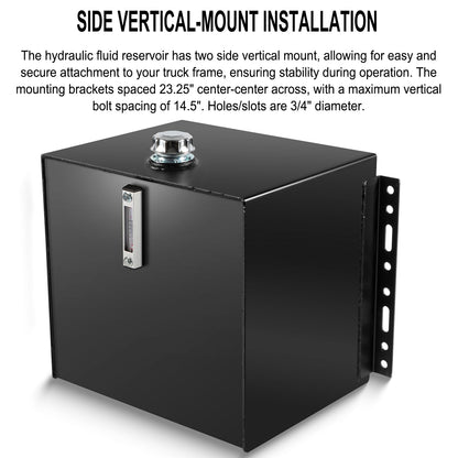 25-Gallon Hydraulic Fluid Reservoir Oil Tank For Tractors, Trucks & Log Splitters, Built-in Sight Gauge/Temp Gauge Combo, 2" Wide Fill Port, Heavy Duty Steel Construction, Side Vertical-Mount