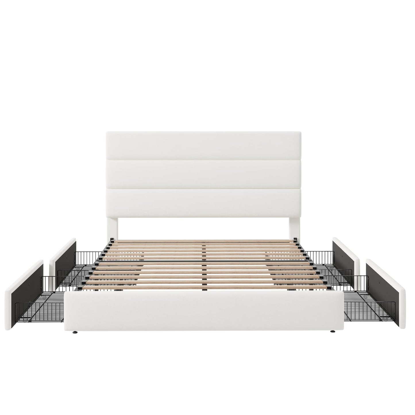 Allewie Modern Queen Size Platform Bed Frame with 4 Storage Drawers and Velvet Upholstered Headboard, Wooden Slats Support, Upholstered Mattress Foundation/No Box Spring Needed/Easy Assembly, White