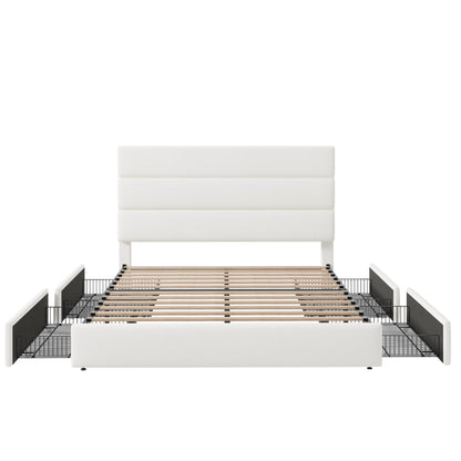 Allewie Modern Queen Size Platform Bed Frame with 4 Storage Drawers and Velvet Upholstered Headboard, Wooden Slats Support, Upholstered Mattress Foundation/No Box Spring Needed/Easy Assembly, White