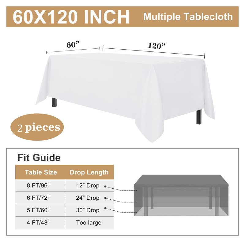 sancua 2 Pack White Tablecloth 60 x 120 Inch, Rectangle 8 Feet Table Cloth - Stain and Wrinkle Resistant Washable Polyester Table Cover for Dining Tables, Buffet Parties and Camping