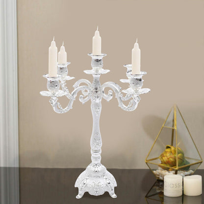Headery Elegant 14.56”H Mental Tall Candelabra,5 Arm Candle Holder Candlestick Holder, Taper Candle Holder with Three-Dimensional Carving for Wedding Dinner Party Chrismas Ceremony Home Decor(Silver)
