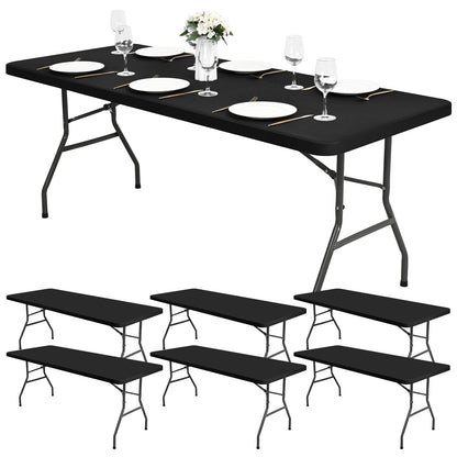 10 Pack Stretch Fabric Table Top Cap Cover, fits 6Ft Tables, Spandex Table Covers Washable Elastic Universal Rectangle Tablecloth Protector for Indoor Outdoor Party Picnic Wedding, Black,30" W x 72" L