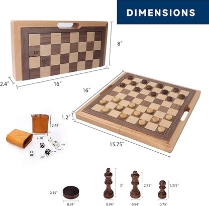 GSE Games &amp Sports Expert 16 Deluxe 3-in-1 Wooden Folding Chess Checker &amp Backgammon Board Game Combo Set Portable Travel Game Set for Kids &amp Adults