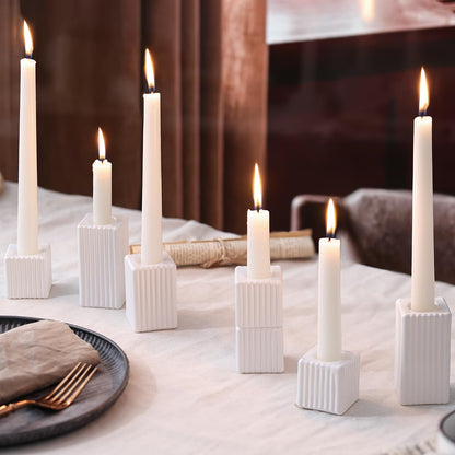 LETINE 12pcs White Vertical Stripe Glass Candlestick Holders - Chic Taper Candle Sticks Holder Set for Elegant Dining & Home Decor - Ideal for Wedding Centerpieces, Parties, and Celebrations