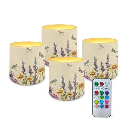 Cozeyat Lavender Dragonfly Advanced LED Flickering Candles Set of 4 Battery Operated Flameless with Remote Timer Waterproof for Indoor Outdoor Table Long Lasting