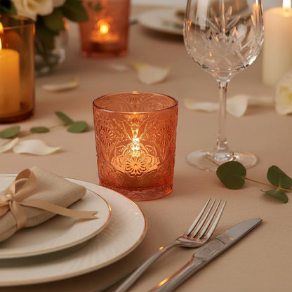 6 Pack Mandala Embossed Glass Candle Holders – Votive Tealight Holders with Patent Design, Decorative Embossed Glass Cups for Wedding Centerpieces, Parties, and Home Décor (Pumpkin Spice)