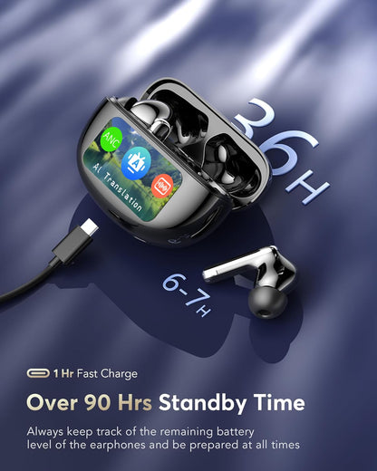 AI Translation Earbuds Real Time,199 Language Translator Earbuds,Bluetooth 6.1 Audifonos Traductores Inglés Español,4 ANC Mic Translating Device,Translate Ear Buds for Travel Learning with LCD Touch