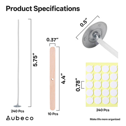 Aubeco 240Pcs 6 Inch Pre Waxed Candle Wick with 240Pcs Wick Stickers and 10Pcs Candle Wick Holders, Bulk Cotton Candle Wicks for Candle Making, Soy Wax