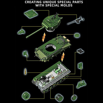WW2 Military Tank M4 Pershing Heavy Building Block Set 1703 Pcs WW2 Model with Rotating Gun &amp Figures Army Toys for Adults &amp Collectors