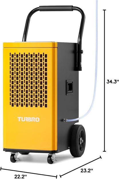 TURBRO 245 Pint Commercial Dehumidifier with Pump and Drain Hose, for Large Spaces, Rolling Wheels, Faster Defrost, for Basements, Warehouses, Flood Restoration, Industrial Sites