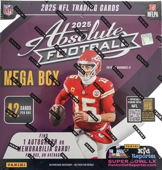 NEW 2025 ABSOLUTE Football Card MEGA Box 1 Autograph or Memorabilia Card Per Box. Chance for Ultra Rare KABOOM Inserts!