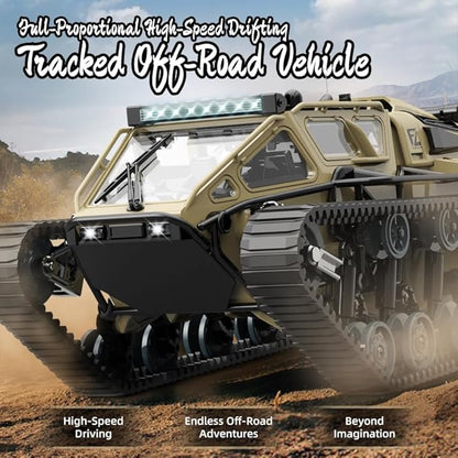 RC Tank Car 1:16 Remote Control Crawler 10KM/H High Speed Tank 2.4Ghz RC Rock Crawler Off-Road 4WD 360°Rotating Drifting Car with 2 Batteries Military Truck Toy for Kids