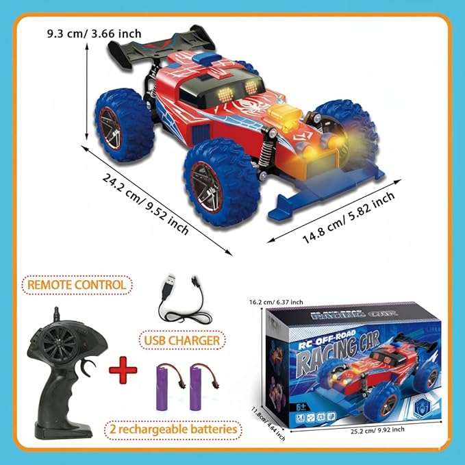 2.4 GHz Remote Control Off-Road Racing CarRC Cars Toys with Two Rechargeable Batteries and USB Charging 1:16 Electric Vehicle Gifts for Kids Girls Boys