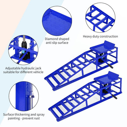 Hydraulic Car Ramps 2 Pack, 11000 Lbs Heavy Duty Steel Car Ramps with Hydraulic Jack, Adjustable Lift Height 9.8"-15", Auto Ramp for Oil Changes, Home Garage, Vehicle Truck Repair, Blue