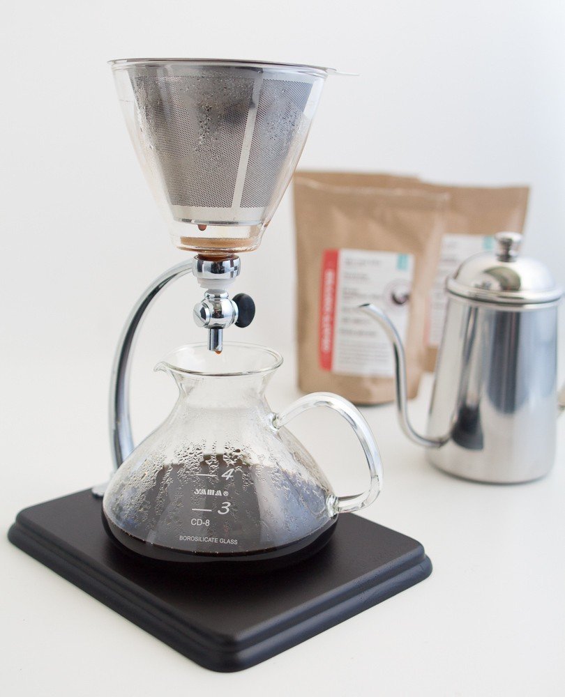 Yama Glass Silverton 16oz Coffee & Tea Brewer - Heat-Resistant Borosilicate Glass with Black Wood Base and Stainless Steel Filter