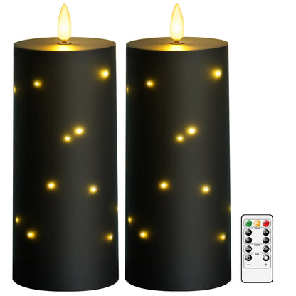 kakoya 10" x 4" Large Outdoor Waterproof Flickering Flameless Candles with Timer,2Pcs Battery Operated LED Pillar Candles with Embedded Star String for Outdoor Lanterns,Porch,Patio Decor(Black)