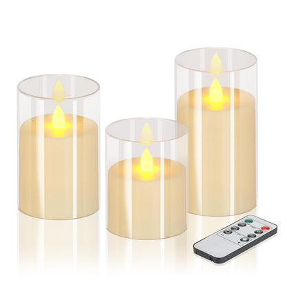 wemarry Flameless Candles 4" 5" 6" Acrylic Glass Pillars 3" Diameter Battery Operated Flickering Candles Include 8-Key Remote with Timer Function 400+ Hours (Pure White, Warm Light 3 Pack)