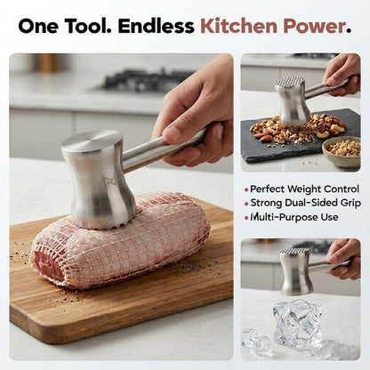 304 Stainless Steel Tenderizer Mallet Dual-Sided Hammer, Heavy Duty Pounder Tool for Steak, Beef & Chicken Cutlets, Textured Grip Kitchen Mallet, Dishwasher Safe Beater for Cooking