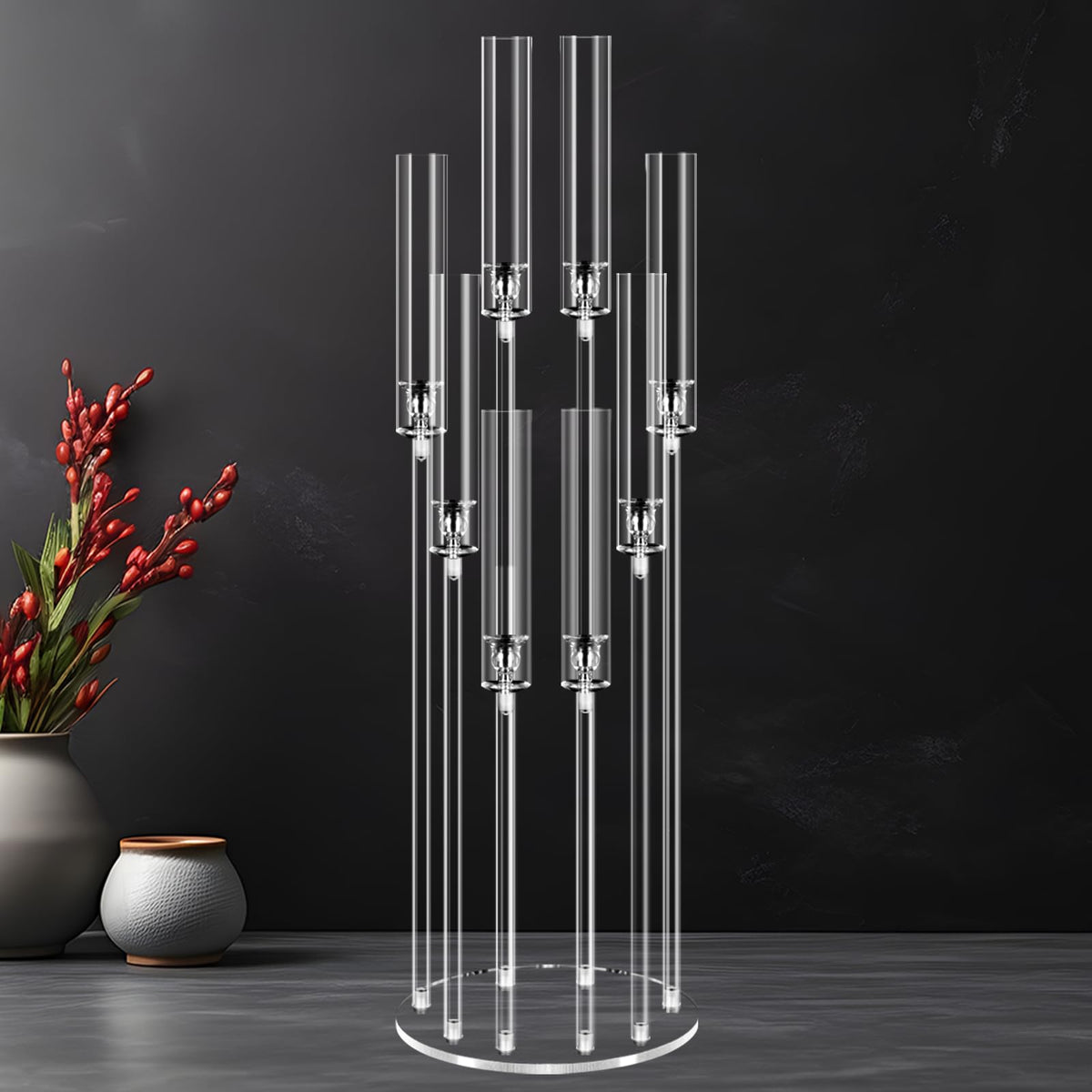 8 Arms Acrylic Candelabra Centerpieces for Tables Decortion,Clear Candle Holder for Wedding Dinner Fireplace Decoration and Home Decor,Candlesticks Holder with Lampshade Fits LED Candle