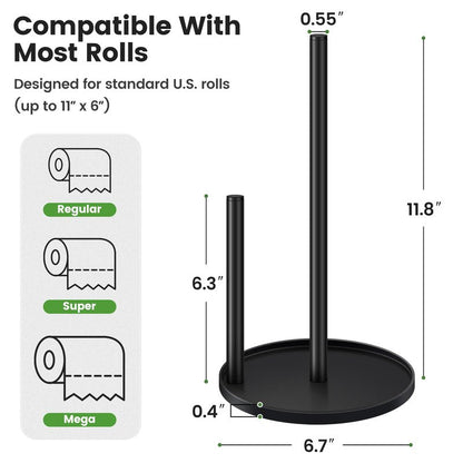 Black Paper Towel Holder Countertop, Paper Roll Holder Stand with Anti-Slip Weighted Base, Easy-Tear Papers Towel Rack Free Standing Tissue Dispenser for Bathroom Kitchen Organization RV Essentials