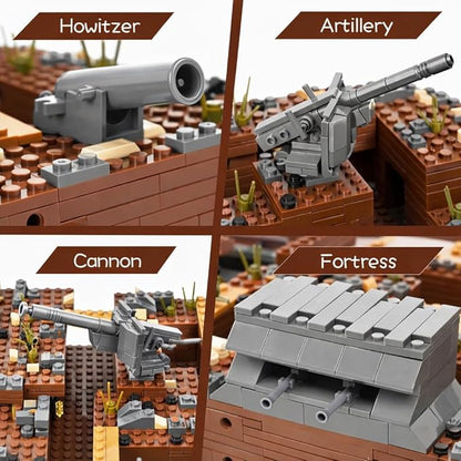 WW2 Military Trench Fortress Building Set（1350 pcs）Military Bunker Model Kit with Medical Room Armory Anti-Aircraft Gun&ampGround Fortress for Adults&ampKids STEM Creative Play Combat Display Co