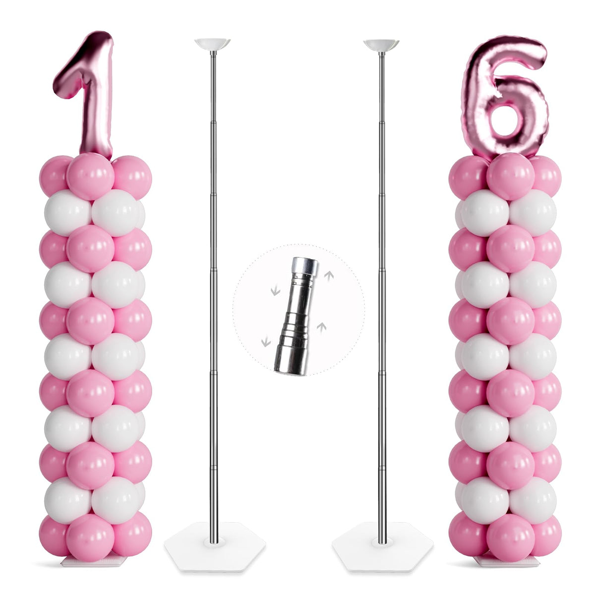 TEKXYZ Telescoping Balloon Stand Set of 2, 1.5ft to 7ft Free Adjustable Metal Balloon Column Stand for Party Decorations