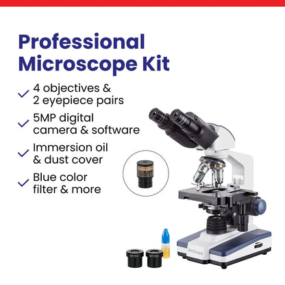 AmScope B120 Series Student & Professional LED Binocular Compound Microscope - 40X-2500X Magnification - Includes 5MP USB Camera & Siedentopf Head