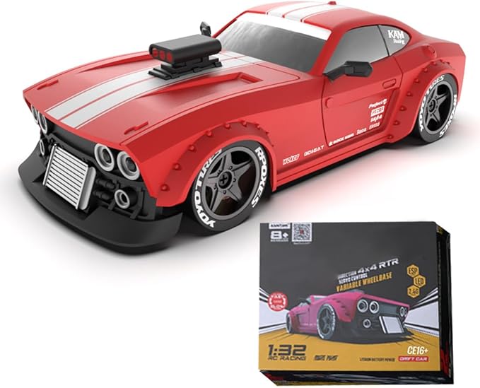 KM3299 Remote Control Car RC Drift Car 4WD RC Cars Vehicle with ESP Gyro LED Headlights Drift Wheel 1:32 High Speed Racing RC Vehicle Gifts- Red