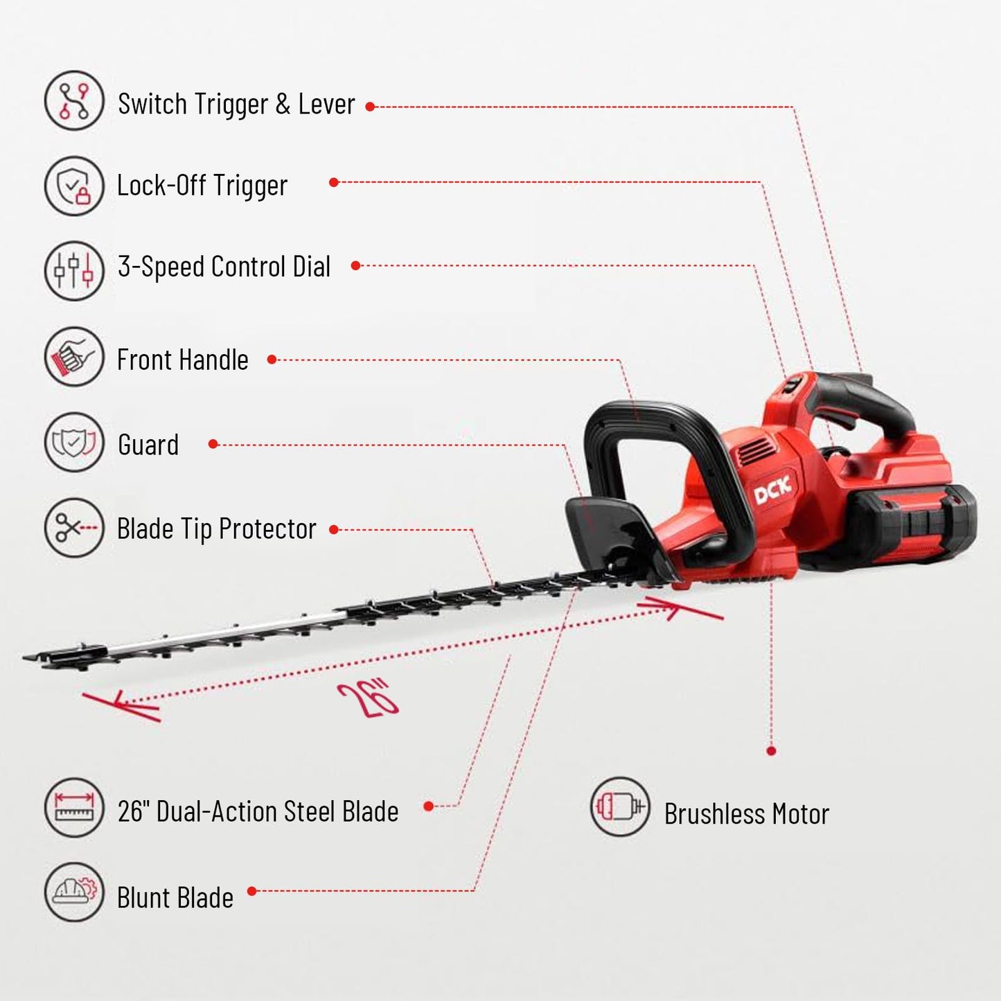 DCK 58V 26'' Cordless Hedge Trimmer, Brushless Bush Trimmer Dual-Action Blades, Variable Speeds, 5-Position 180° Rotating Handle, Anti-Vibration, 2.5Ah Battery & 5A Fast Charger Included