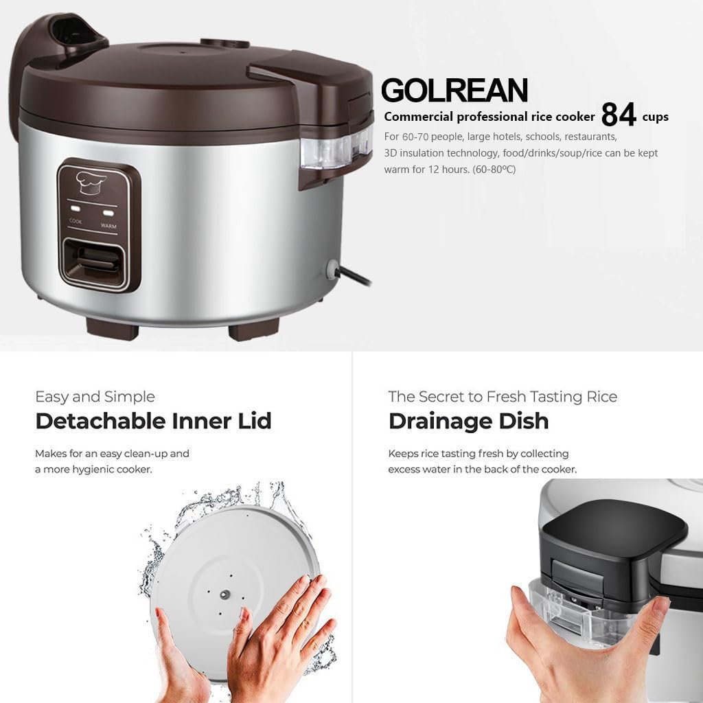 GOLREAN 15.8QT Large Commercial rice cooker 84 cups cooked / 32 cups uncooked rice Commercial Electiric Rice Warmer for 60-70 people, with One-Touch Operation