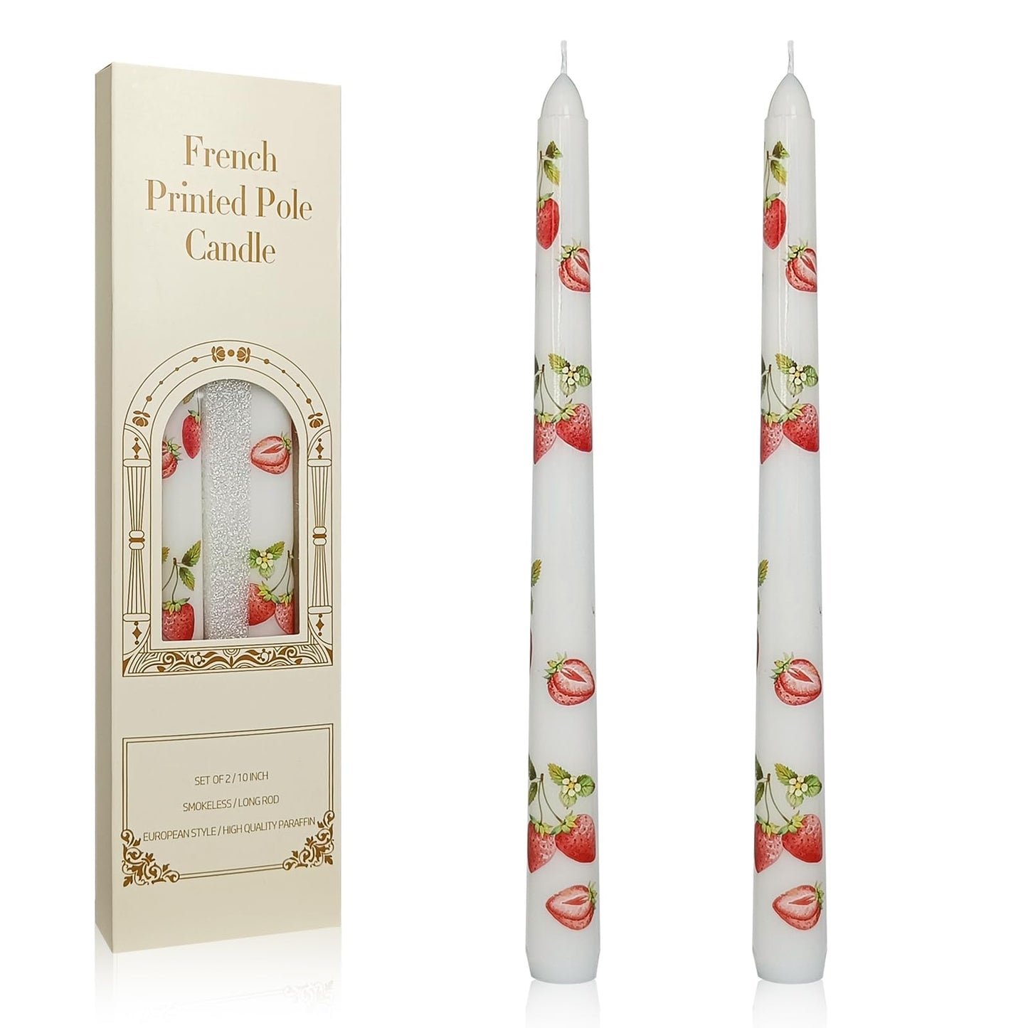 Floral Taper Candles 10 Inch Tall Unscented Handmade Strawberry Print Long Burning Elegant Candlesticks for Wedding Dinner Home Decor
