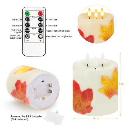 Large 3 Wick Flameless Candles Set of 2, 4"x4" Flickering Maple Leaves LED Candles with Remote & Timer, Real Wax Electric Pillar Candles Battery Operated, Fall Candles for Thanksgiving Autumn Decor