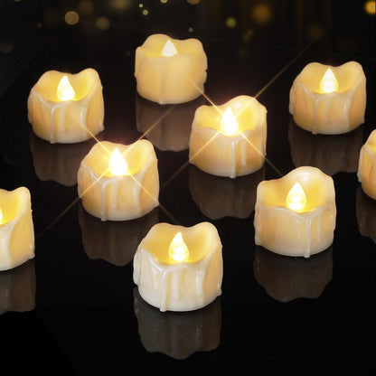 Homemory 24 Pack White Dripping Flameless LED Tea Lights, 1.58" x 1.2" Battery Operated Flickering Fake Candles, 200+ Hours Electric Votive Tealights for Wedding, Halloween, Christmas Centerpieces