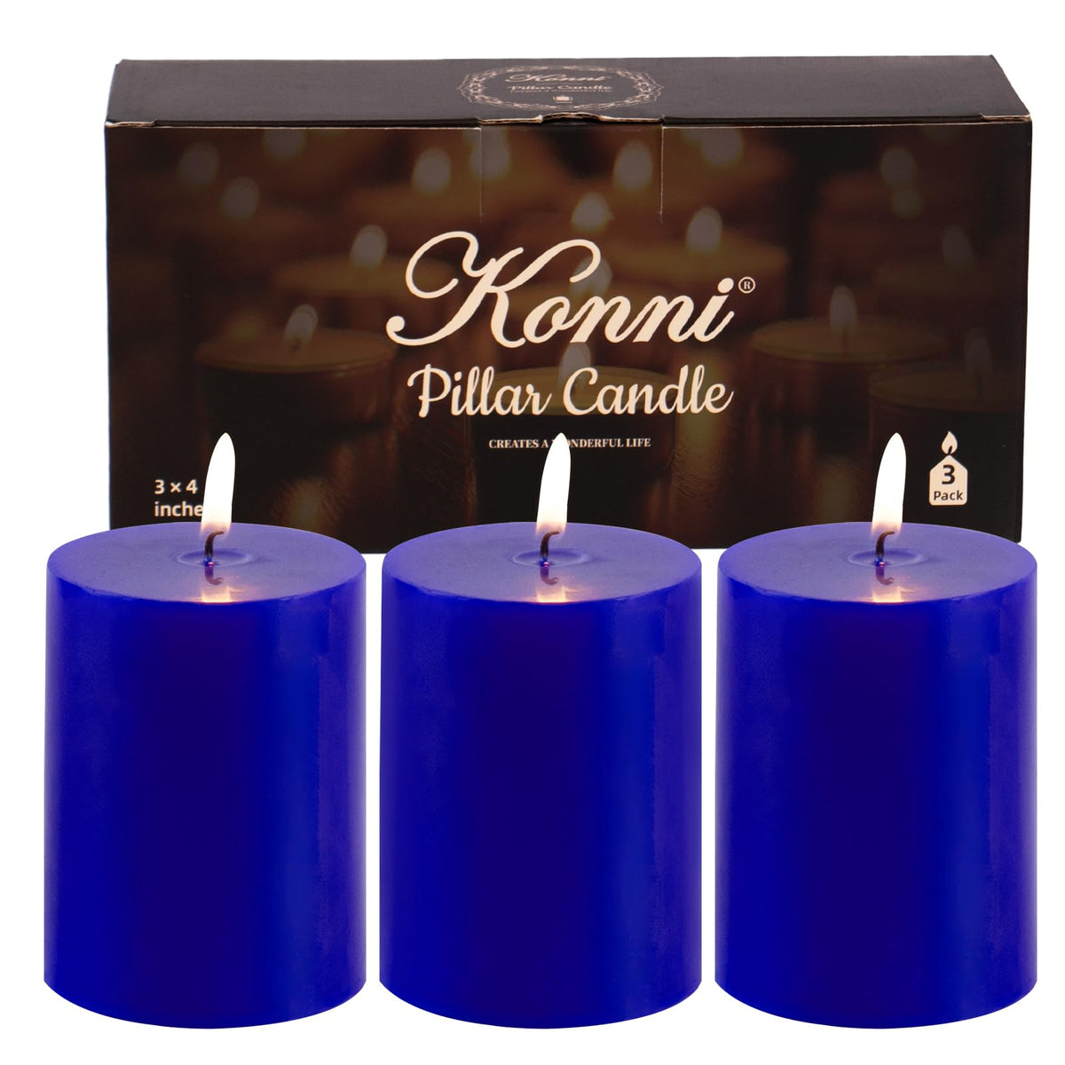 KONNI Classic Blue Pillar Candles Set of 3, 3"x 4" Unscented Pillar Candles Bulk, 42 Hours Long Burning Candles, Smokeless&Dripless Large Round Candle for Wedding, Home Decoration, Parties, Spas