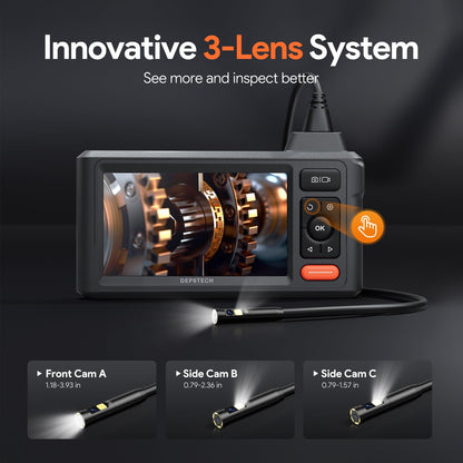 DEPSTECH 50ft Sewer Camera, 1080P HD Triple Lens Borescope, 5" IPS Screen Endoscope with Light, IP67 Waterproof Plumbing Drain Pipe Snake Inspection Camera with 32G Card, Carry Case