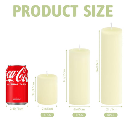 Veiuwa 18 Pack Ivory Pillar Candles Bulk Set, 2x3 2x6 2x8 Inch - 6 Each Size, Dripless Smokeless Clean Burning for Wedding Centerpieces, Home Decor, Church, Romantic Ambiance！