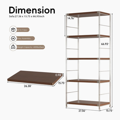 Achene 5-Tier Industrial Bookshelf, Storage Bookcase for Living Room, Bedroom, Home Office, Study Room, and Kitchen, 15.75"x27.56"x66.93" Inches (Walnut, 5T28IN)