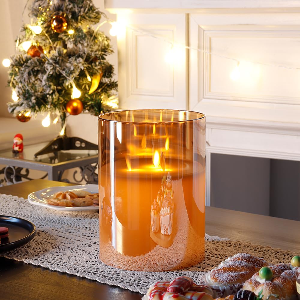 JHY DESIGN Large 3-Wick Glass Flameless Candles 8''H Battery Operated Dancing Flame Flickering LED Pillar Candles with 6-Hour Timer Real Wax Candles for Home Wedding Party Festival（Gold）