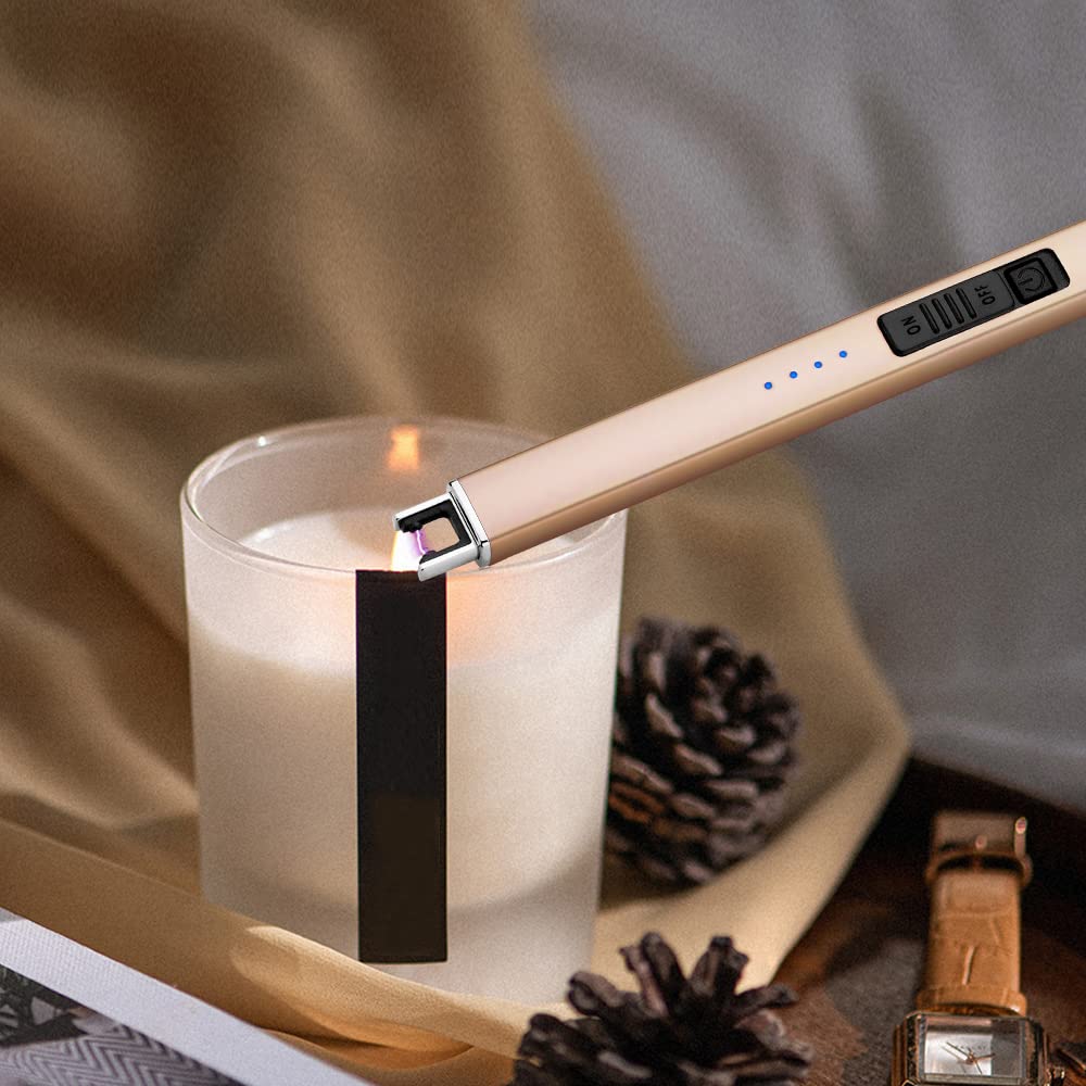 ARECTECH Electric Candle Lighter with Type-C Cable Birthday Gift for Man Women Wife Rechargeable Plasma Arc Lighters for Candle Camping Kitchen Stove Gold