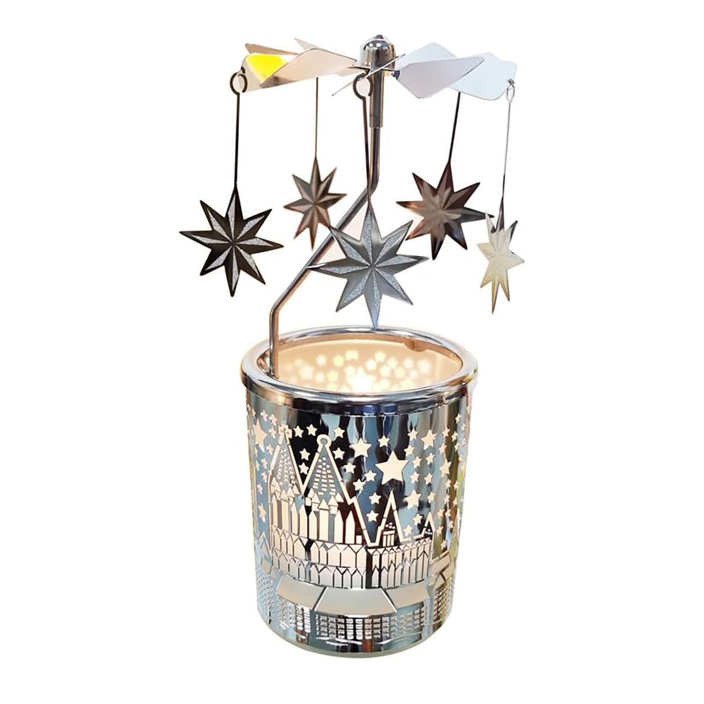 adkinzim Rotary Candle Holders Spinning Tealight Holders Carousel for Tabel Decoration for Children Friend (SIilver Stars)